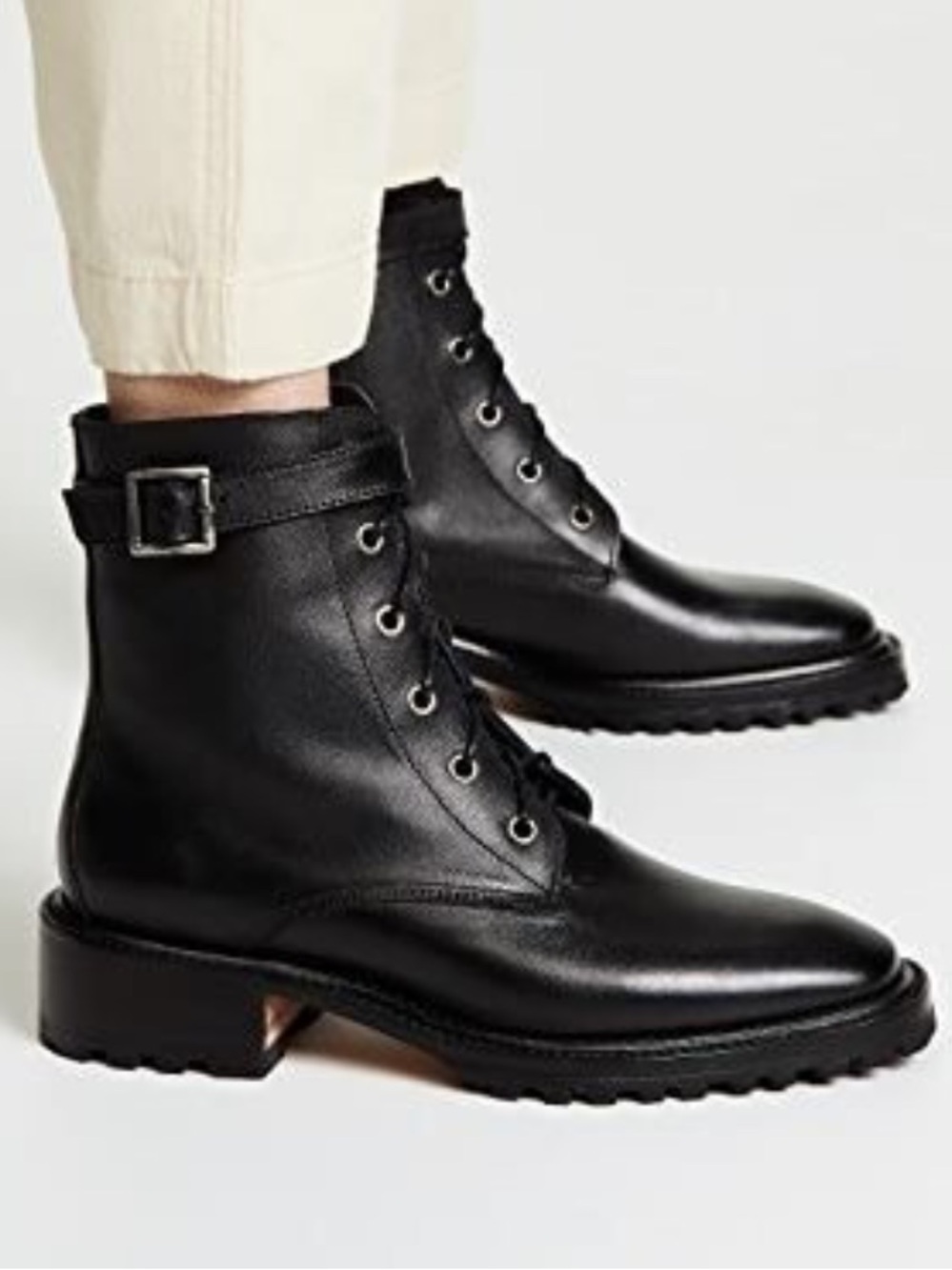 Rachel Comey Black Leather Lace-Up Ankle Combat Boots with Buckle